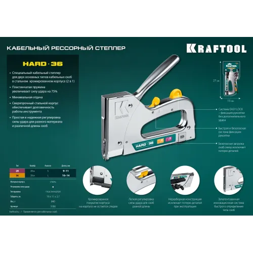 KRAFTOOL EXTREM 36, тип 36 (L) калибр 20GA (10 - 14 мм)/28, кабельный рессорный степлер (3186)