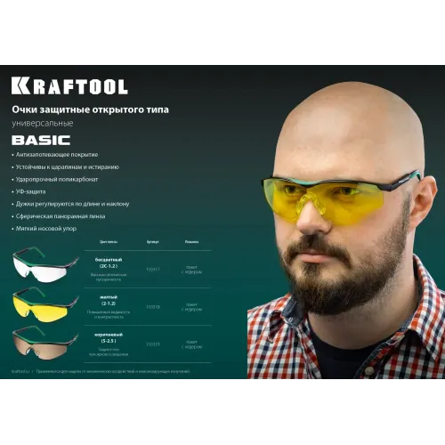 KRAFTOOL BASIC жёлтые защитные очки, открытые, защита от царапин и запотевания, UV 450, оптический класс 1 (110318)