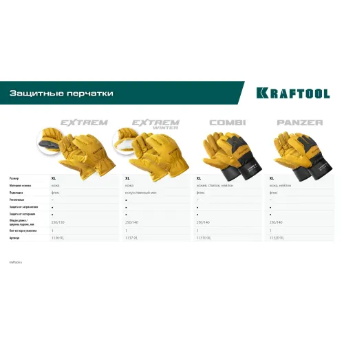 KRAFTOOL COMBI, XL (10) комбинированные двухслойные спилковые перчатки с доп. слоем на ладони (11310-XL)