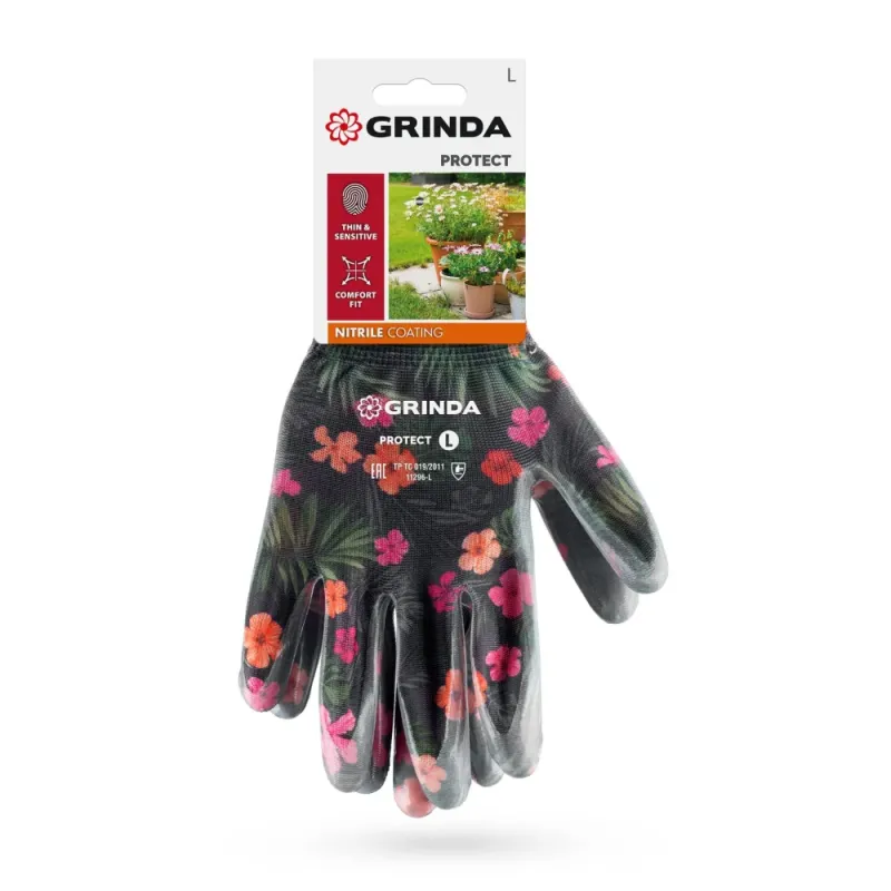 GRINDA PROTECT, L (9), садовые перчатки с прозрачным нитриловым покрытием, чёрные, 13 класс (11296-L)