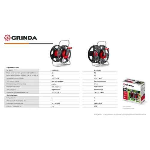 GRINDA HRM-60, для шлангов 60м x 1/2″ и 30м х 3/4″, стальные опоры, пластиковый барабан, катушка для шлангов (8-428410)