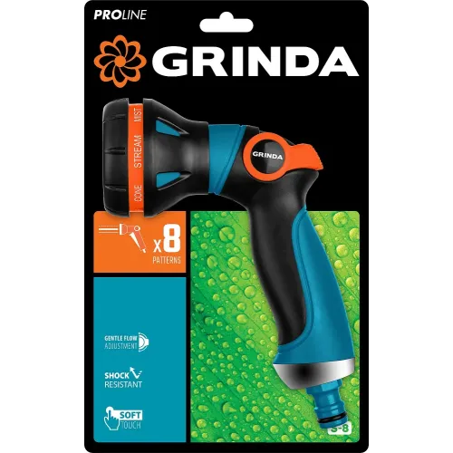 GRINDA S-8, 8 режимов, двухкомпонентный с регулятором напора, поливочный пистолет, PROLine (429100)
