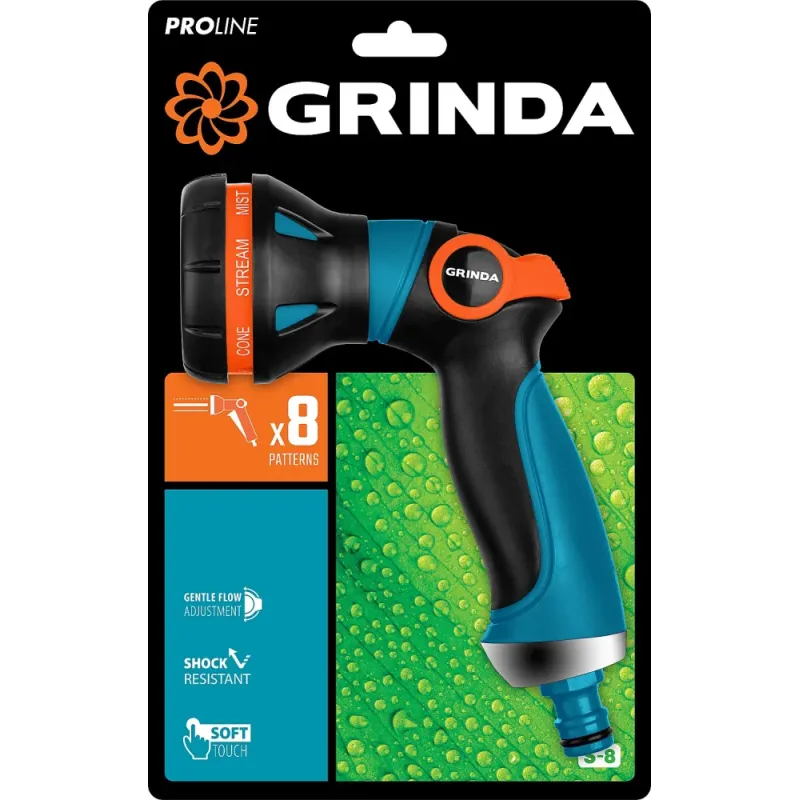 GRINDA S-8, 8 режимов, двухкомпонентный с регулятором напора, поливочный пистолет, PROLine (429100)