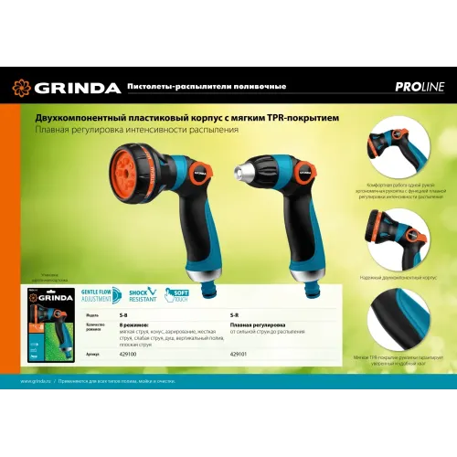 GRINDA S-8, 8 режимов, двухкомпонентный с регулятором напора, поливочный пистолет, PROLine (429100)