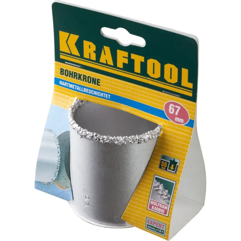 KRAFTOOL 67 мм, L 55 мм, карбид вольфрама, коронка кольцевая (33401-67)