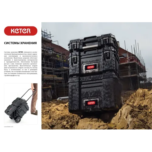 KETER SMART ROLLING, 564 х 373 х 700 мм, (22″), набор пластиковый ящик-тележка + ящик для инструментов + ящик органайзер (38390-22)