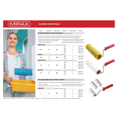 MIRAX ПОРОЛОН, 40 х 180 мм, бюгель 6 мм, 3 шубки + ручка, для водорастворимых ЛКМ, малярный валик в наборе (0364-18)