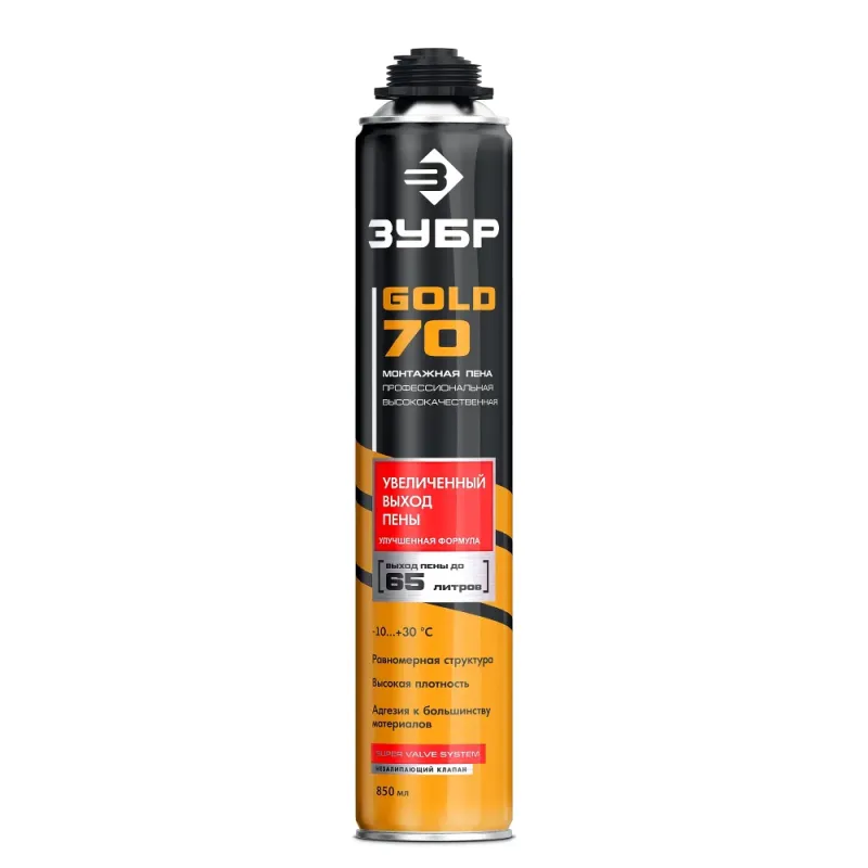 ЗУБР GOLD PRO 70, 850 мл, мелкопористая, c выходом до 65 л, пистолетная, монтажная пена (41157)
