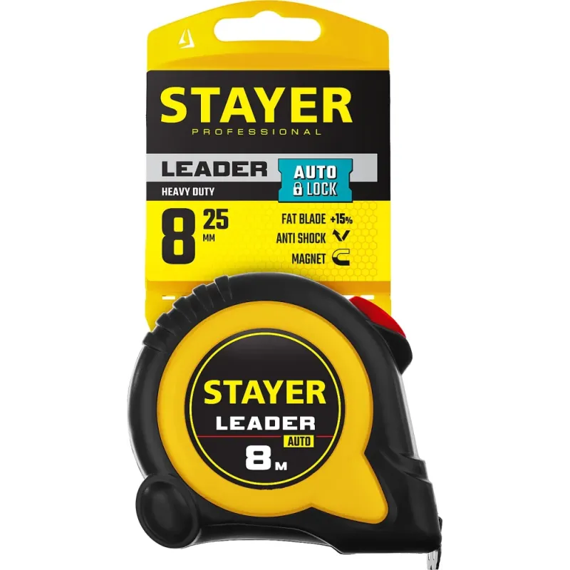 STAYER Leader, 8 м х 25 мм, рулетка с автостопом, Professional (3402-08-25)
