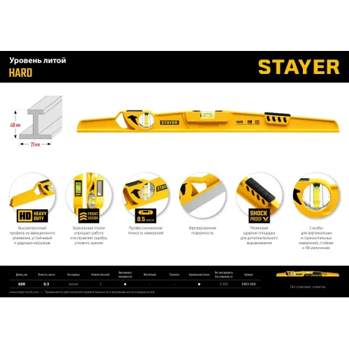 STAYER HARD, 600 мм, с зеркальным глазком, литой уровень, Professional (3483-060)