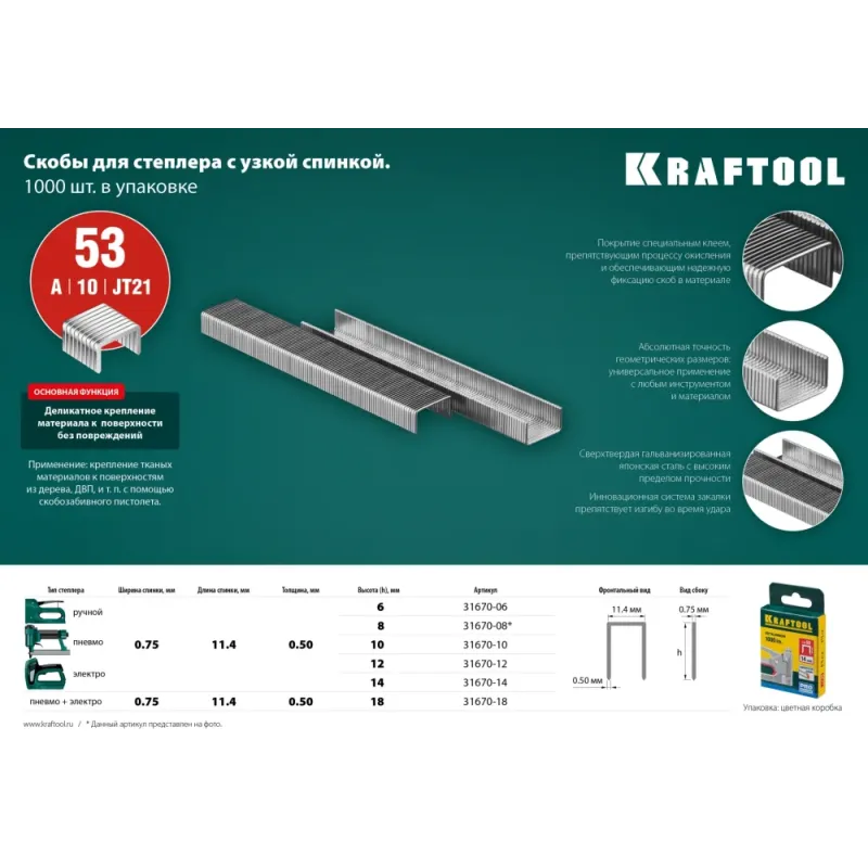 KRAFTOOL скобы тип 53 (A/10/JT21), 12 мм, калибр 23GA. 1000 шт (31670-12)