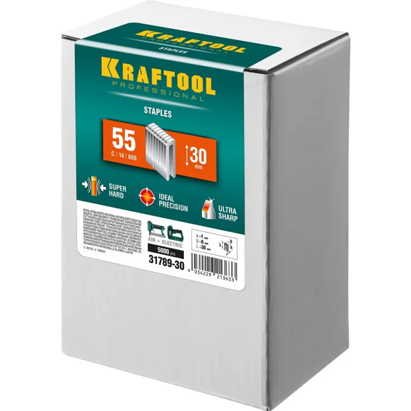 KRAFTOOL скобы тип 55 (90/C), 30 мм, калибр 18GA. 5000 шт (31789-30)