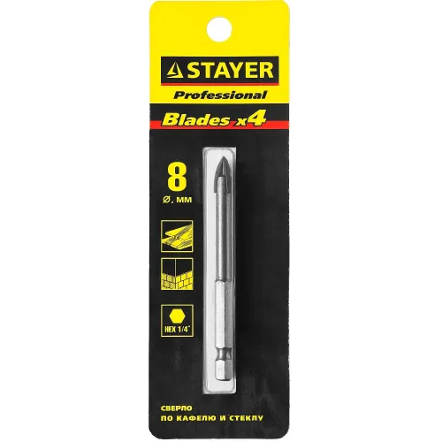 STAYER 8 мм, 4х кромка, HEX 1/4, Сверло по стеклу и кафелю (2985-08)