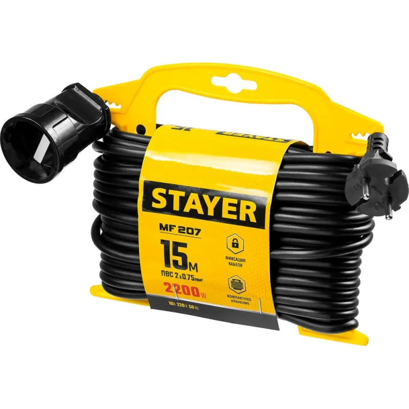 STAYER MF-207, ПВС, 2 x 0.75 мм2, 15 м, 2200 Вт, силовой удлинитель-шнур на рамке (55014-15)
