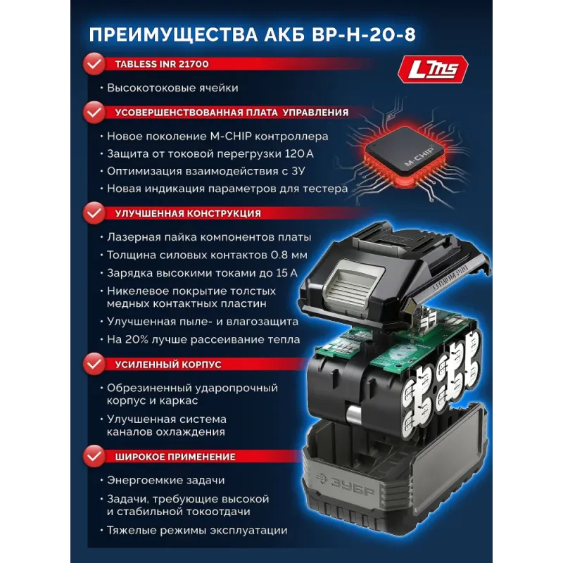 ЗУБР High Power, 20 В, 8.0 А·ч, аккумулятор LMS, ПРОФЕССИОНАЛ (BP-H-20-8)