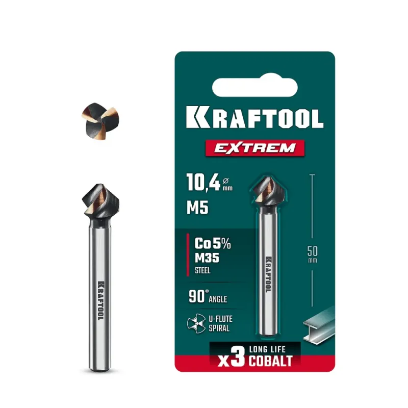 KRAFTOOL EXTREM, d 10.4х6х50 мм, Z3, 90°, сталь M35, U-образная спираль, зенковка (29734-5)