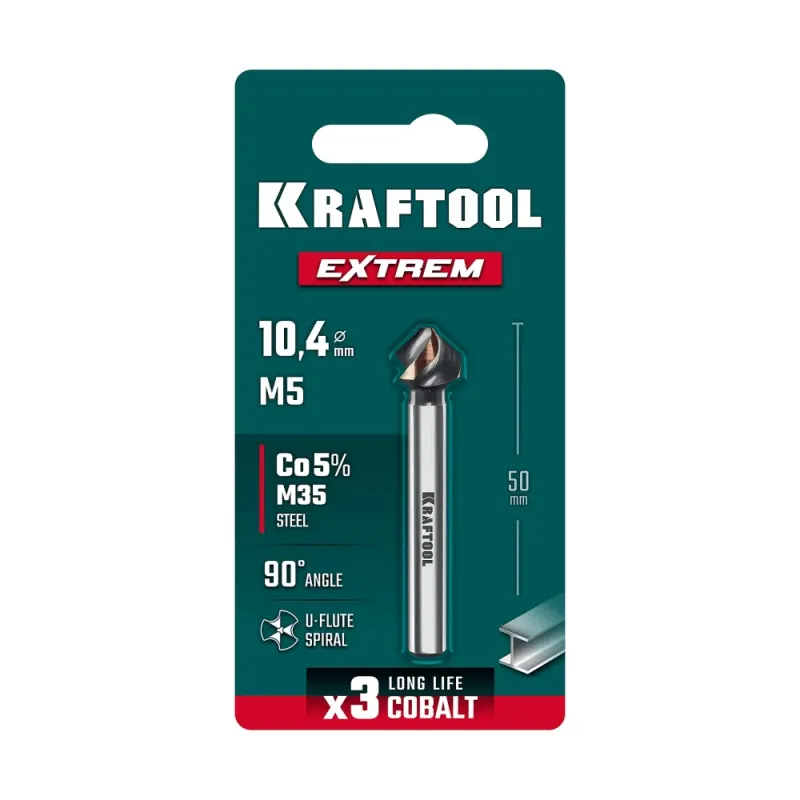KRAFTOOL EXTREM, d 10.4х6х50 мм, Z3, 90°, сталь M35, U-образная спираль, зенковка (29734-5)