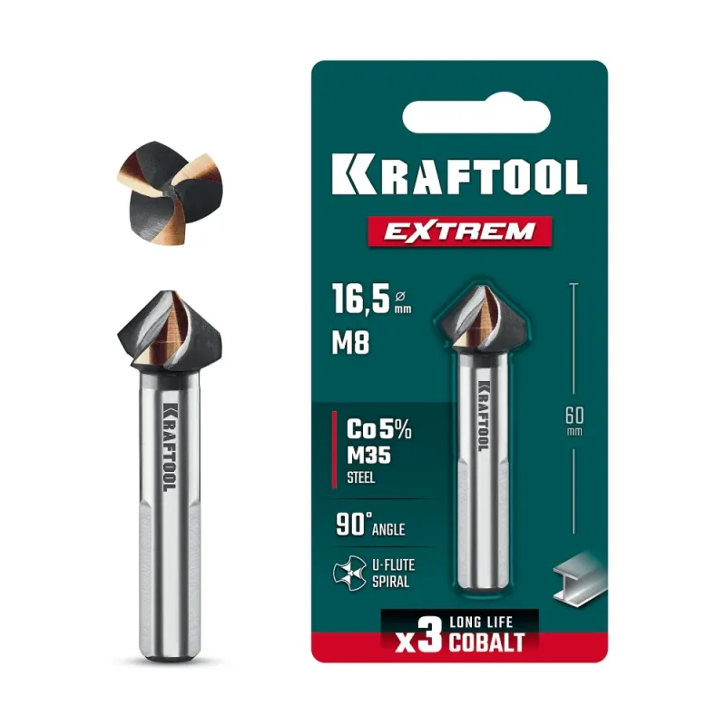 KRAFTOOL EXTREM, d 16.5х10х60 мм, Z3, 90°, сталь M35, U-образная спираль, зенковка (29734-8)