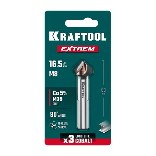 KRAFTOOL EXTREM, d 16.5х10х60 мм, Z3, 90°, сталь M35, U-образная спираль, зенковка (29734-8)