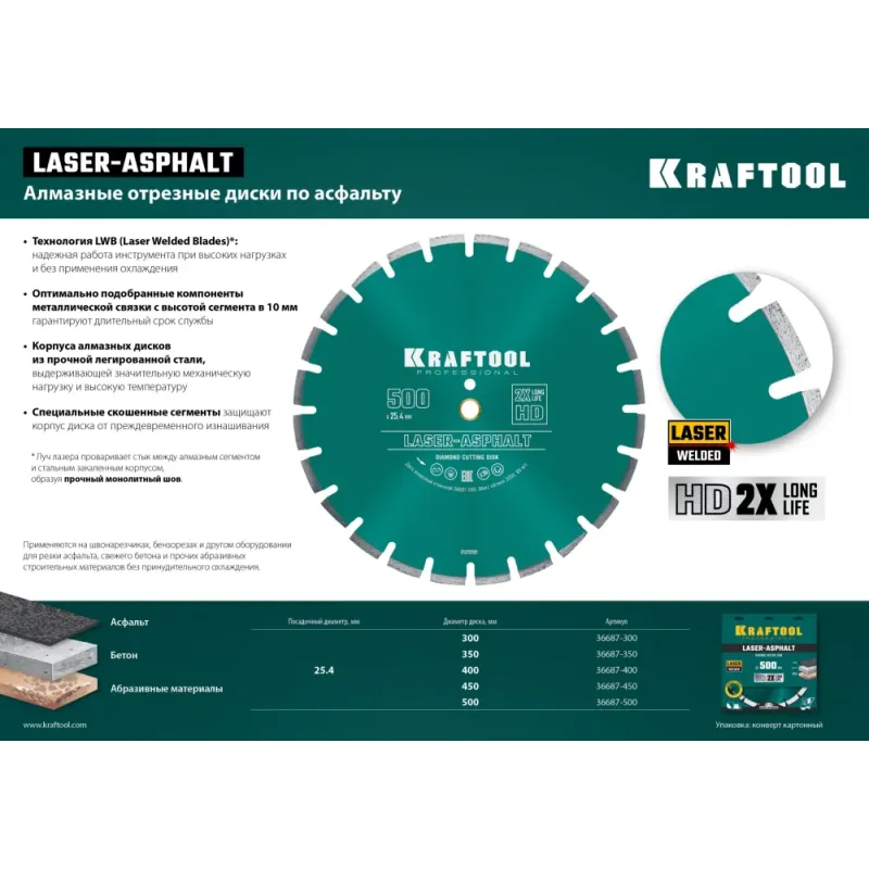 KRAFTOOL LASER-ASPHALT 300 мм (25.4/20 мм, 10х3.2 мм), алмазный диск (36687-300)