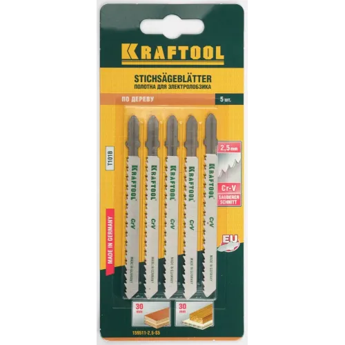 KRAFTOOL T101B, EU-хвост., по дереву, шаг 2.5 мм, 75 мм, 5 шт, полотна для лобзика (159511-2.5-S5)