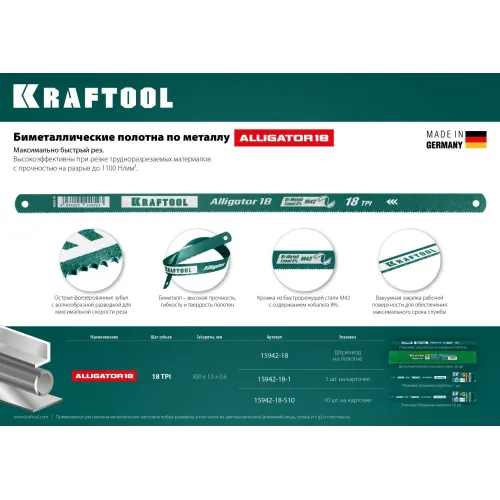 KRAFTOOL Alligator-18, 18 TPI, 300 мм, биметаллическое гибкое полотно по металлу (15942-18-S10)