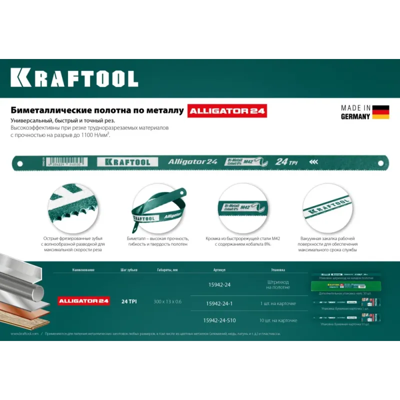 KRAFTOOL Alligator-24, 24 TPI, 300 мм, биметаллическое гибкое полотно по металлу (15942-24)