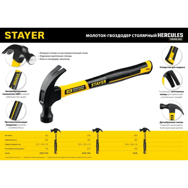 STAYER Hercules, 560 г, молоток-гвоздодёр столярный с фиберглассовой рукояткой, Professional (2026-560)