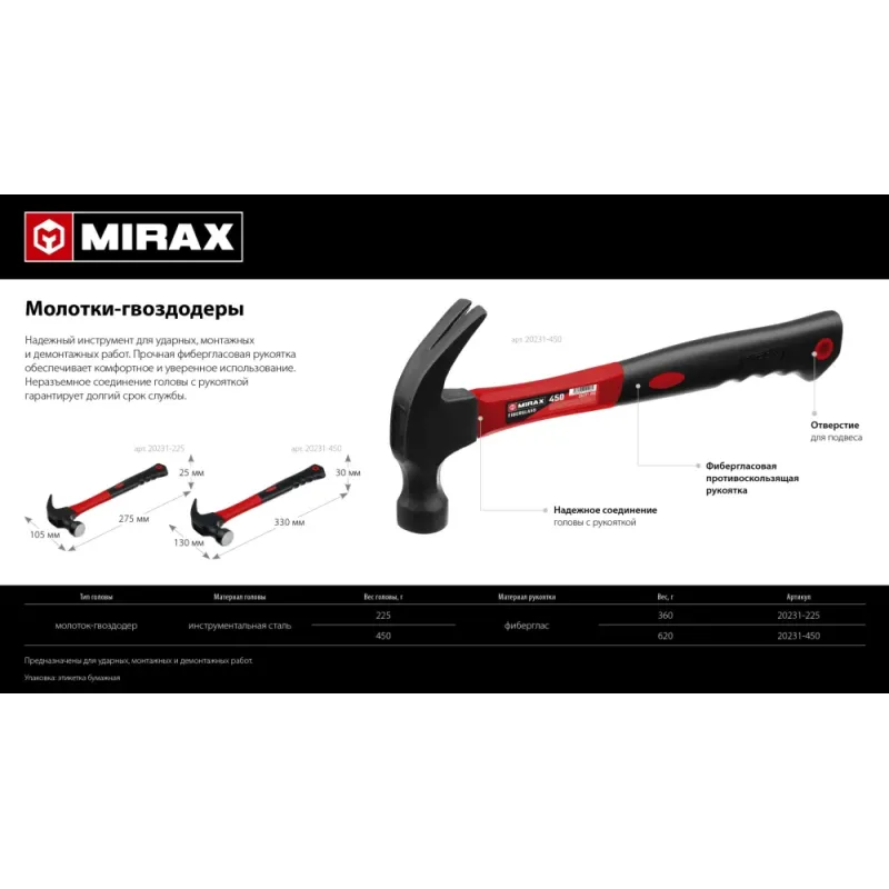 MIRAX 225 г, молоток-гвоздодёр столярный с фиберглассовой рукояткой (20231-225)