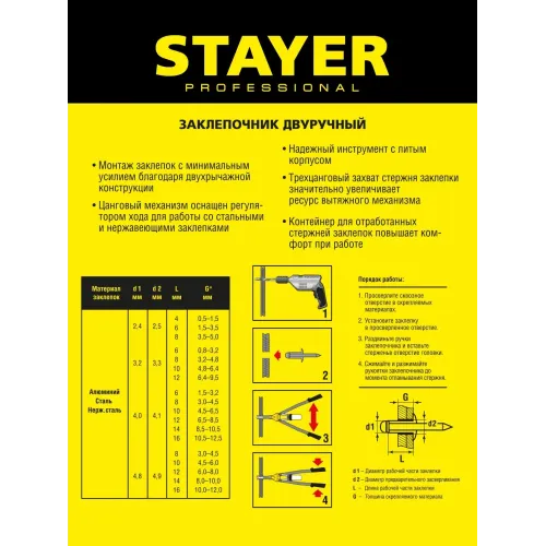 STAYER Compact-48, 2.4 - 4.8 мм, 280 мм, компактный двуручный заклепочник, Professional (3116)
