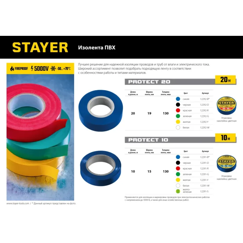 STAYER PROTECT-20, 19 мм х 20 м, 5 000 В, черная, изолента ПВХ, Professional (12292-D)