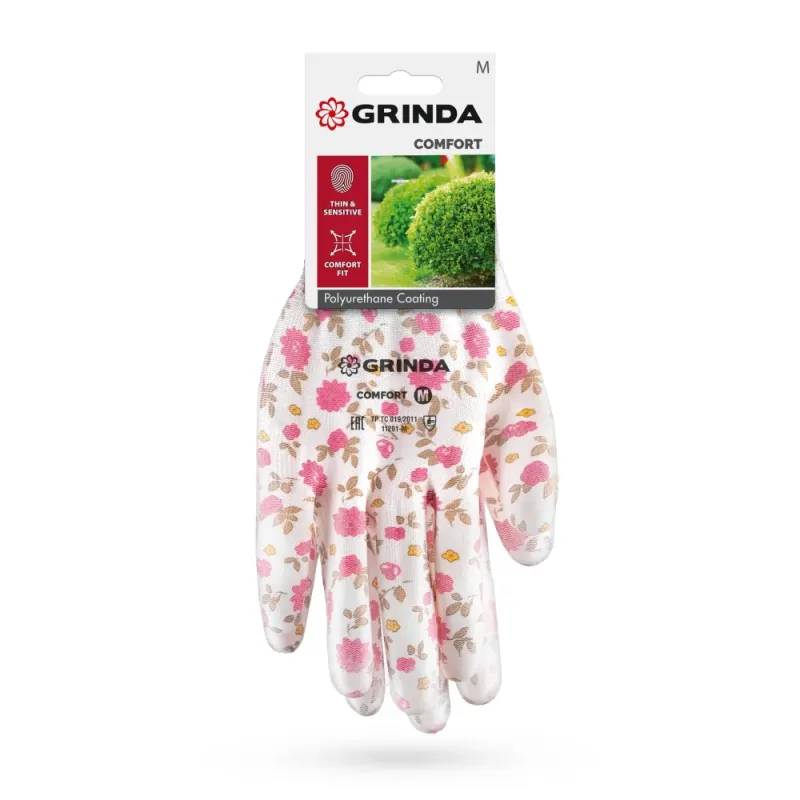 GRINDA COMFORT, M (8), садовые перчатки с прозрачным полиуретановым покрытием, розовые, 13 класс (11291-M)