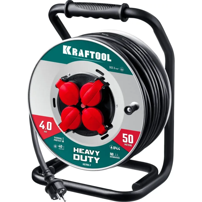 KRAFTOOL HEAVY DUTY 4.0, КГ 3х2.5 50м 4000Вт IP44, силовой удлинитель на стальной катушке (55086-50)