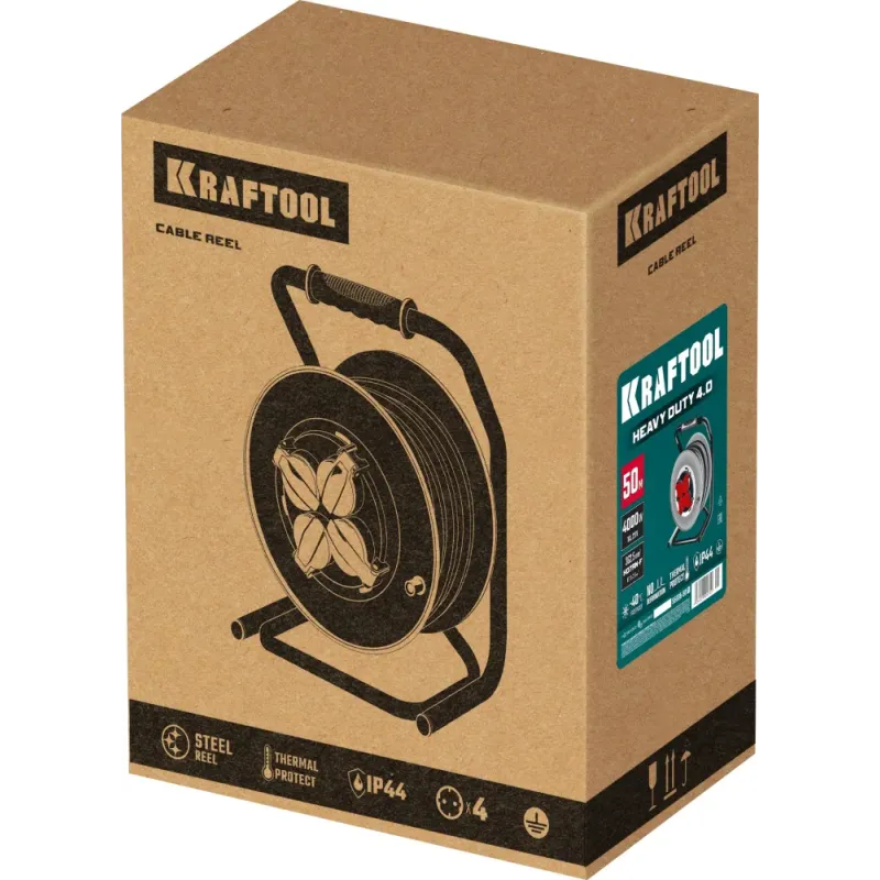 KRAFTOOL HEAVY DUTY 4.0, КГ 3х2.5 50м 4000Вт IP44, силовой удлинитель на стальной катушке (55086-50)