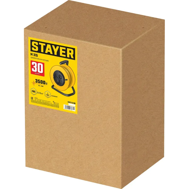 STAYER M-315, ПВС, 3 x 1.5 мм2, 30 м, 3500 Вт, силовой удлинитель на катушке (55078-30)