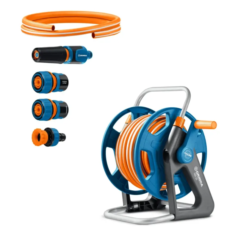 GRINDA HRK-25, шланг 25м x 1/2″, поливочный набор 4 предмета, стальные опоры, катушка со шлангом в комплекте ProLine (428460)