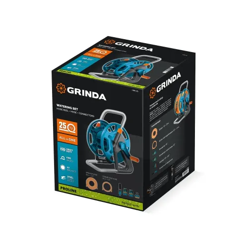 GRINDA HRK-25, шланг 25м x 1/2″, поливочный набор 4 предмета, стальные опоры, катушка со шлангом в комплекте ProLine (428460)