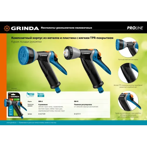 GRINDA BM-8, 8 режимов, курок сзади, металлический с TPR, поливочный пистолет, PROLine (8-427339)
