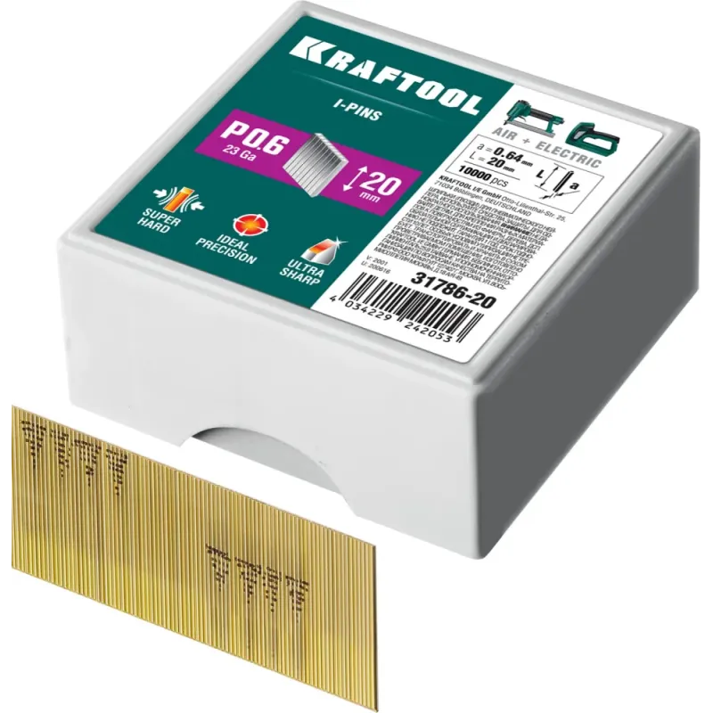 KRAFTOOL шпильки тип P0.6, 20 мм, калибр 23GA. 10 000 шт (31786-20)