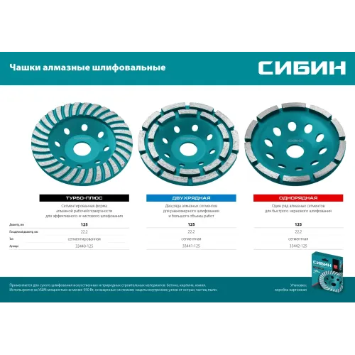 СИБИН d 125 мм, двухрядная алмазная шлифовальная чашка (33441-125)