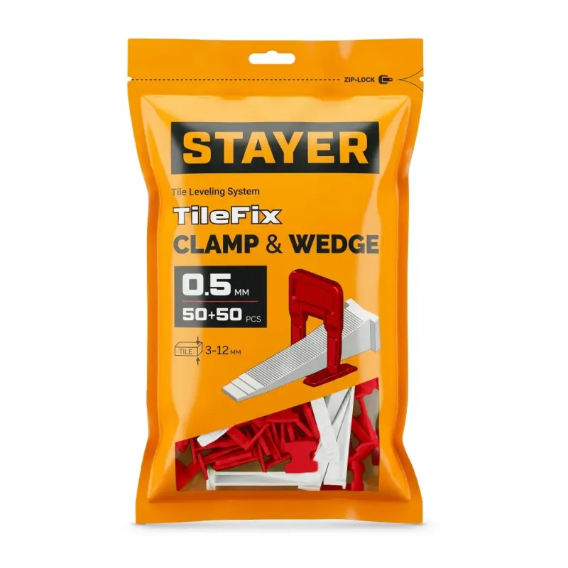STAYER СВП TileFix, комплект: 0,5 мм, зажим + клин, 50 + 50 шт, система выравнивания плитки ″ворота″ (33840-H50)