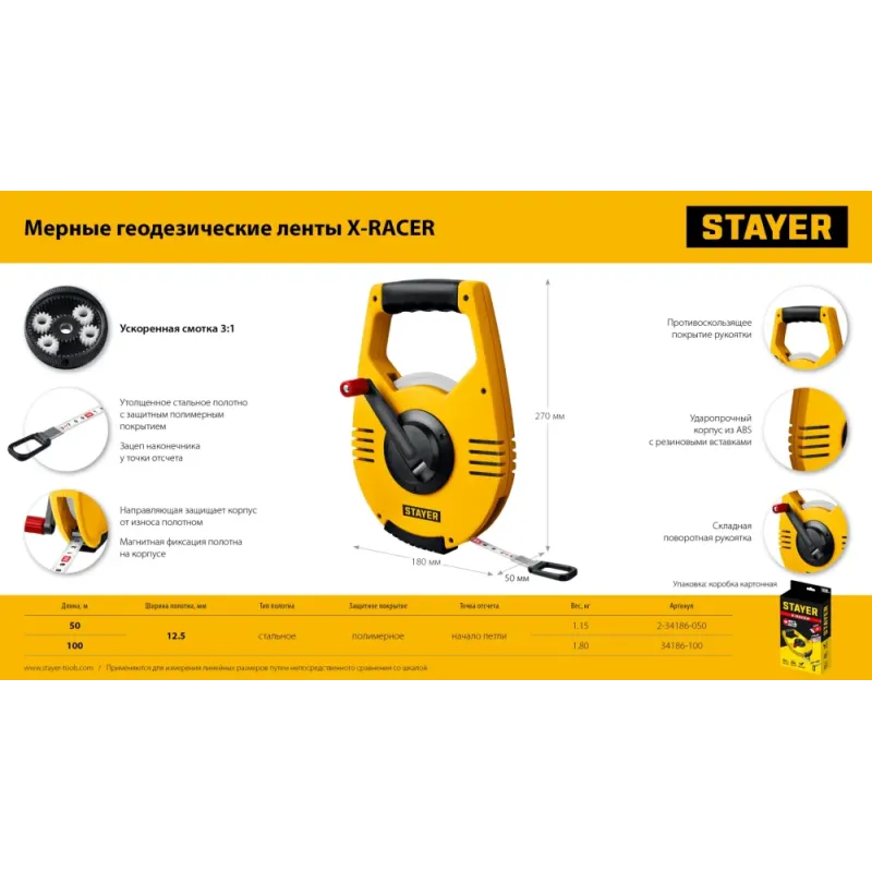 STAYER Racer, 50 м, геодезическая стальная мерная лента, Professional (2-34186-050)