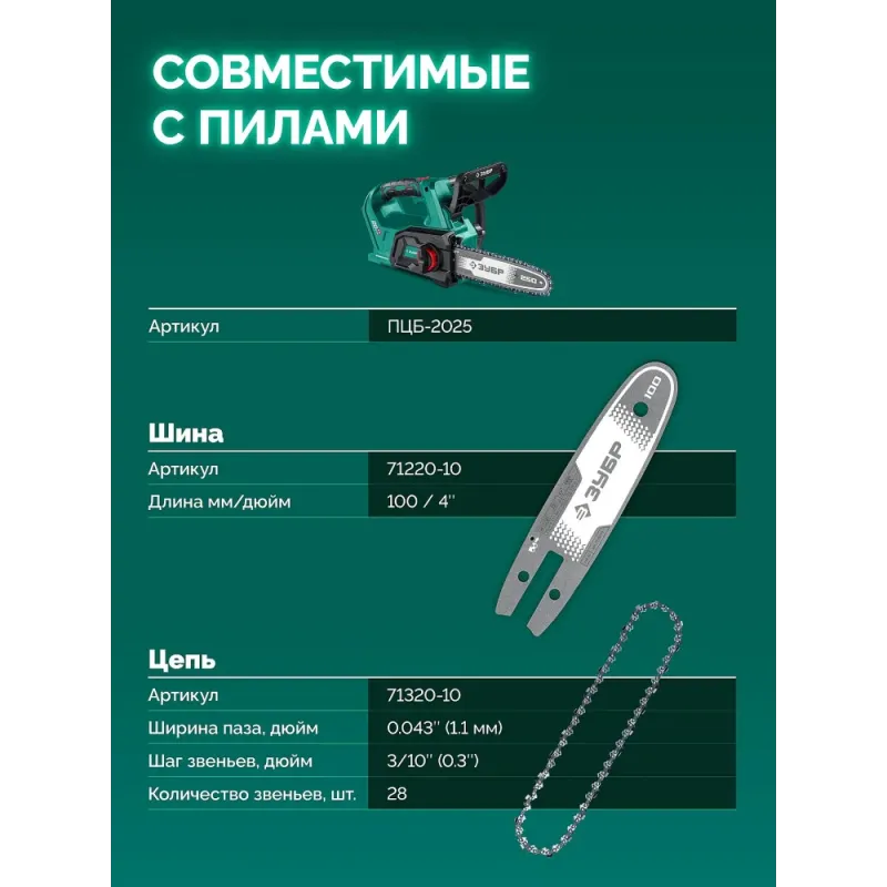 ЗУБР тип 20, 10 см, шаг 3/10″, паз 1.1 мм, 28 звеньев, шина (71220-10)