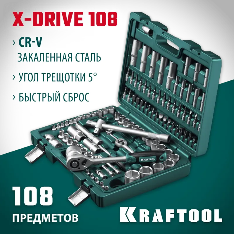 KRAFTOOL X-Drive 108, 108 предм., (1/2″+3/8″+1/4″), универсальный набор инструмента (27888-H108)