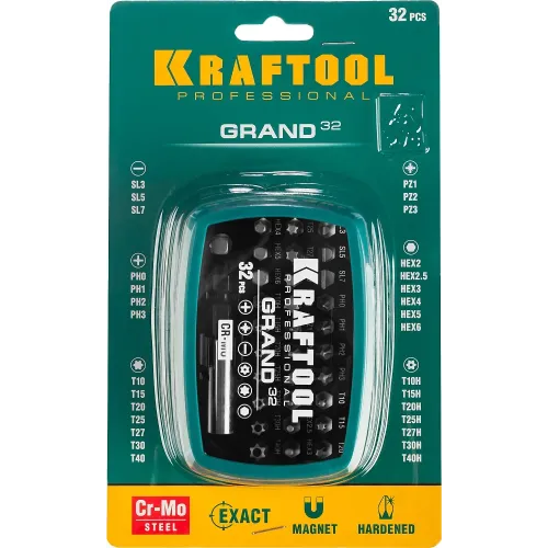 KRAFTOOL Grand-32, с магнитным адаптером 32 шт, набор бит (26083-H32)