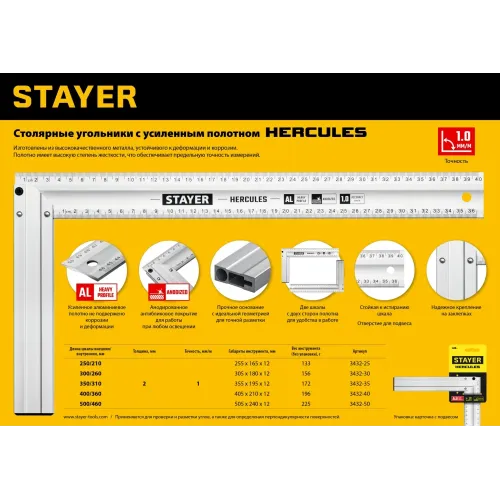 STAYER 500 мм, жесткий столярный угольник, Professional (3432-50)