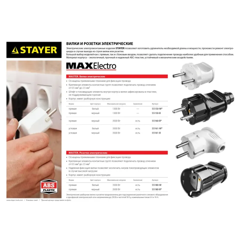 STAYER MAXElectro, черная, 16 А/220 В, 1300 Вт, прямая вилка (55160-B)