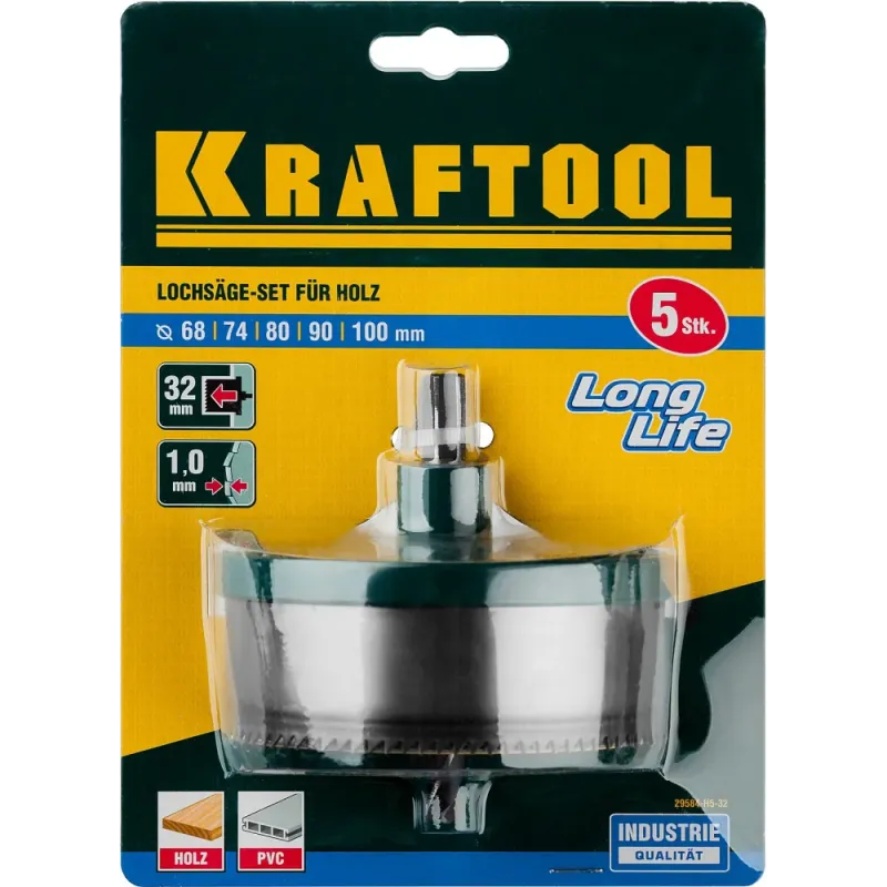 KRAFTOOL EXTREM 5 шт, (68-74-80-90-100 x 32 мм), наборная кольцевая пила по дереву (29584-H5-32)
