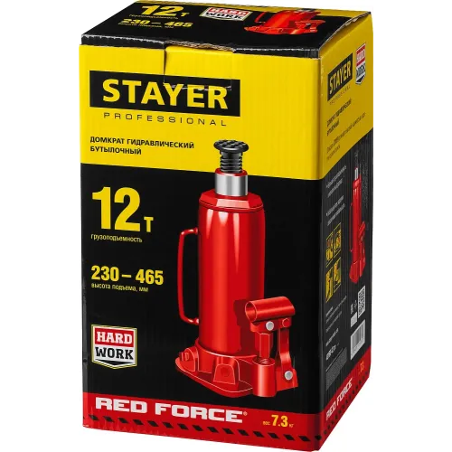 STAYER RED FORCE, 12 т, 230 - 465 мм, бутылочный гидравлический домкрат, Professional (43160-12)