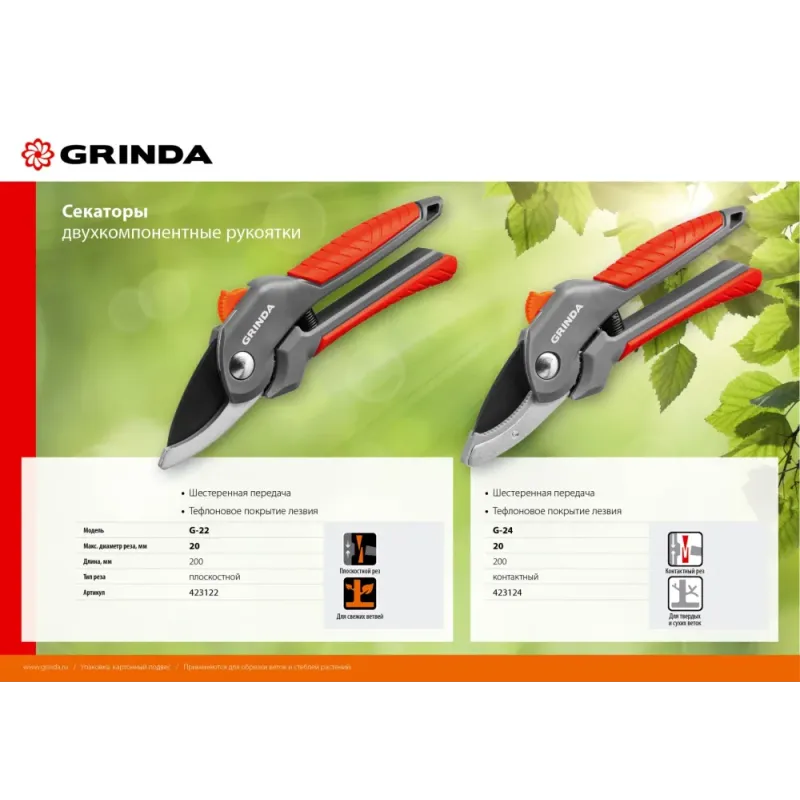 GRINDA G-24, 200 мм, с двухкомпонентными рукоятками, контактный секатор (423124)
